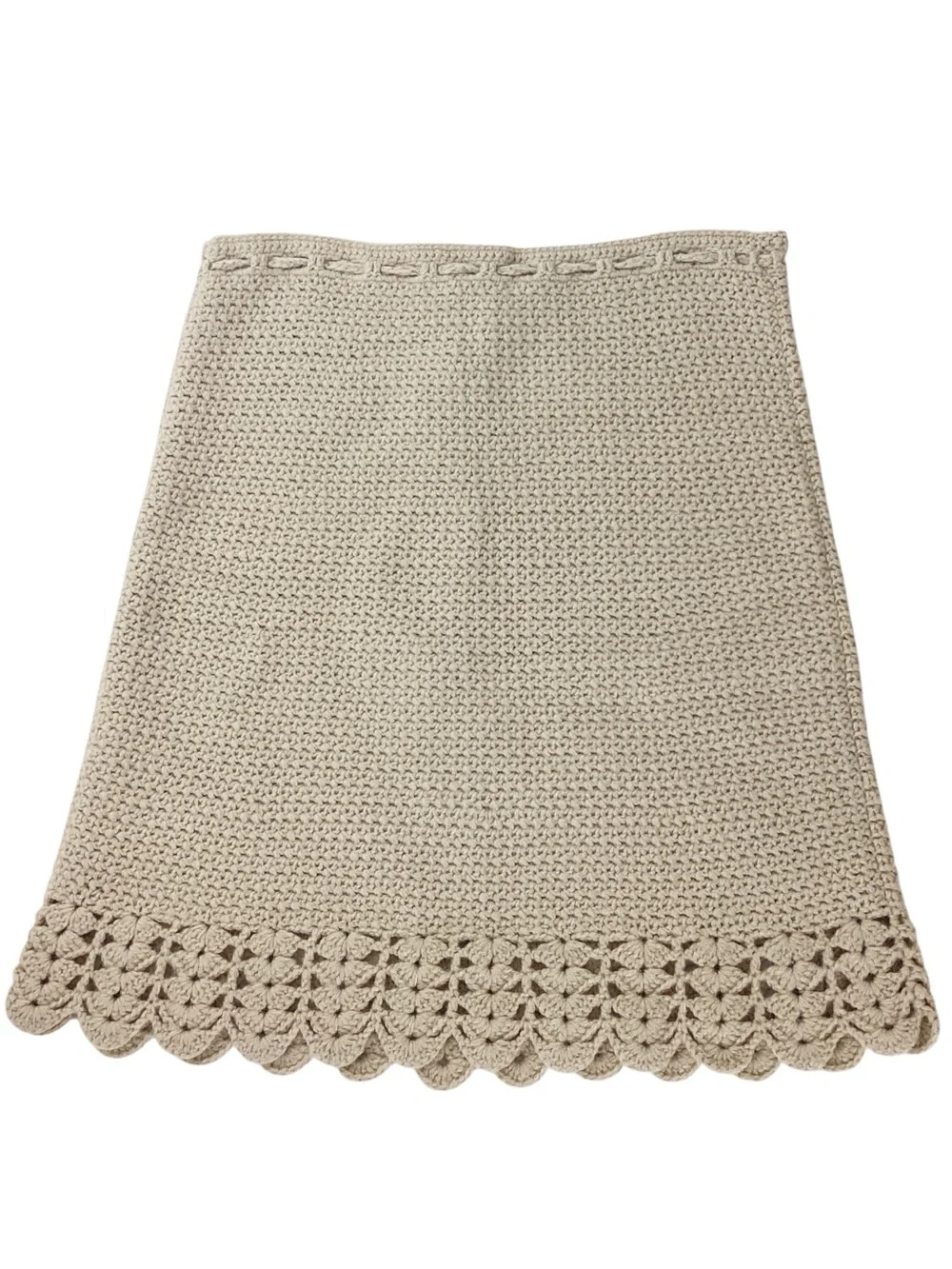 DKNY 100% Lambswool Knit Skirt Size M Tan Crochet Scallop Hem Drawcord